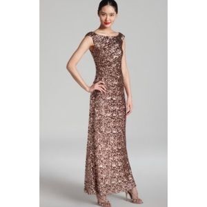 David Meister Copper Sequin Cap Sleeve Formal Gown